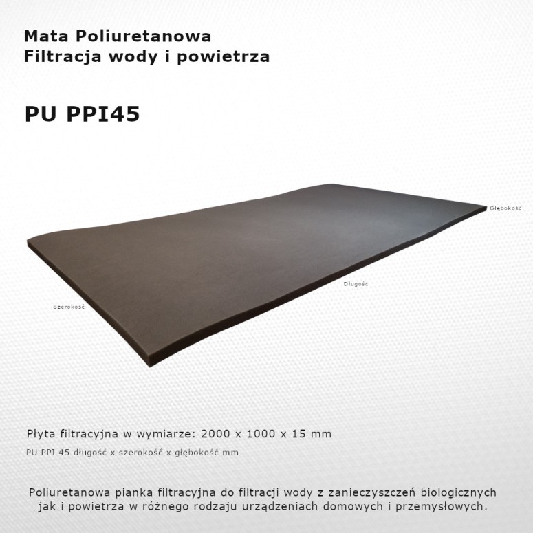 Mata Filtracyjna PU PPI 45 2000 x 1000 x 15 mm filtr do urządzeń gospodarstwa domowego i maszyn przemysłowych.