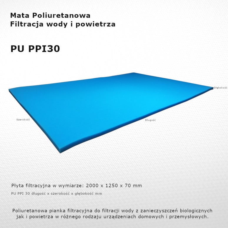 Filter mat PU PPI 30 2000 x 1250 x 70 mm filter for household appliances and industrial machines.