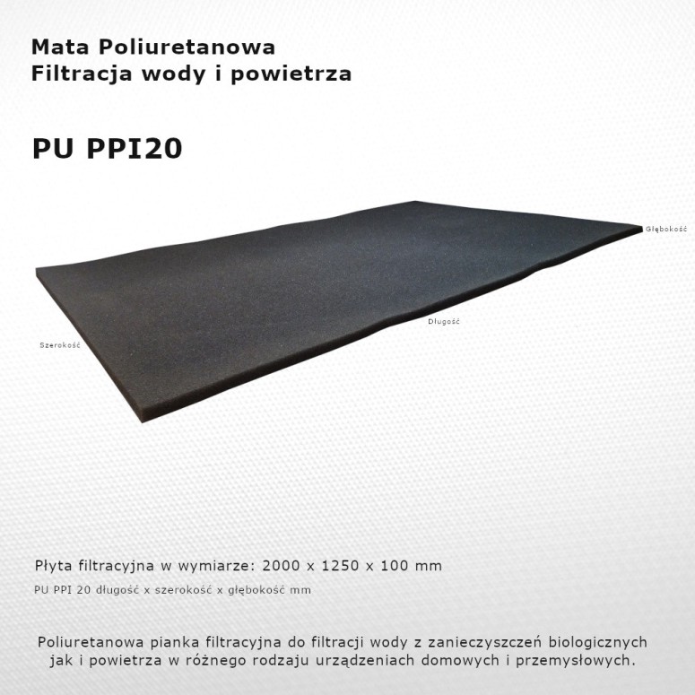 Mata Filtracyjna PU PPI 20 2000 x 1250 x 100 mm filtr do urządzeń gospodarstwa domowego i maszyn przemysłowych.