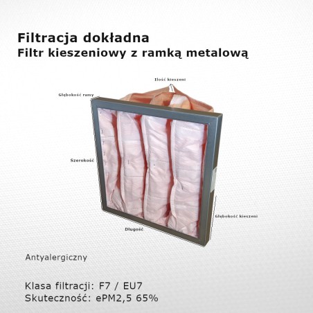 Filtr kieszeniowy F7 EU7 ePM2,5 65% 287 x 287 x 300 3k / 25 mm dokładny rama metalowa przeciwalergiczny