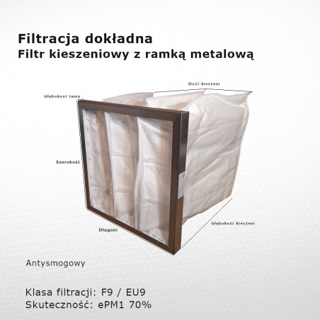 Bag filter F9 EU9 ePM1 70% 287 x 287 x 300 3k / 25 mm exact metal frame anti-smog