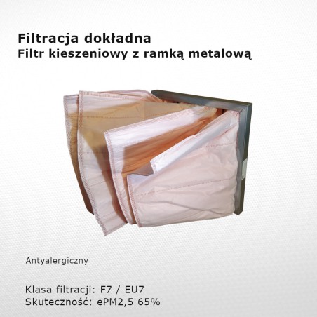 Filtr kieszeniowy F7 EU7 ePM2,5 65% 287 x 287 x 300 3k / 25 mm dokładny rama metalowa przeciwalergiczny