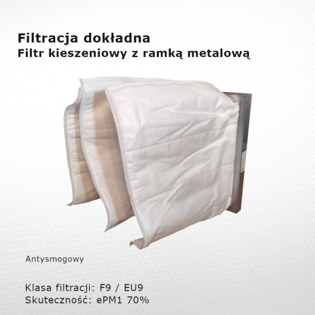 Filtr kieszeniowy F9 EU9 ePM1 70% 287 x 287 x 300 3k / 25 mm dokładny rama metalowa przeciwsmogowy
