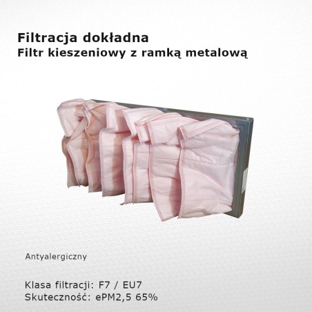 Filtr kieszeniowy F7 EU7 ePM2,5 65% 592 x 287 x 300 6k / 25 mm dokładny rama metalowa przeciwalergiczny