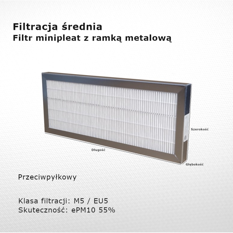 Filtr pośredni M5 EU5 ePM10 55% 140 x 404 x 24 mm ramka metalowa