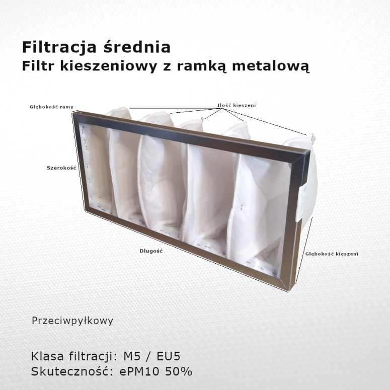 Filtr kieszeniowy M5 EU5 ePM10 50% 592 x 287 x 300 6k / 25 mm pośredni rama metalowa