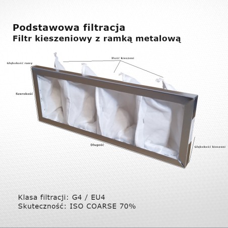 Filtr kieszeniowy G4 EU4 Iso Coarse 70% 396 x 145 x 90 4k / 20 mm zgrubny rama metalowa