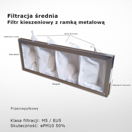 Bag filter M5 EU5 ePM10 50% 396 x 145 x 90 4k / 20 mm intermediate metal frame