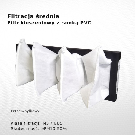 Filtr kieszeniowy M5 EU5 ePM10 50% 396 x 145 x 90 4k / 20 mm pośredni rama PVC tył