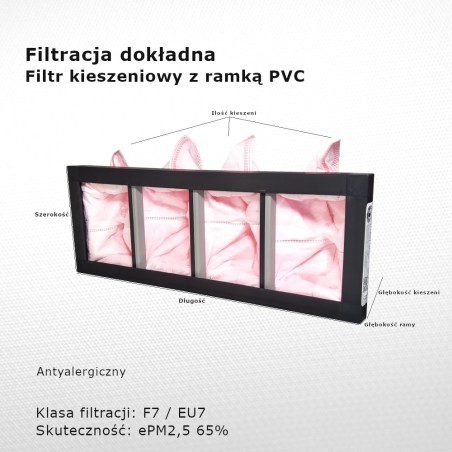 Bag filter F7 EU7 ePM2,5 65% 396 x 145 x 90 4k / 20 mm exact frame PVC antiallergic