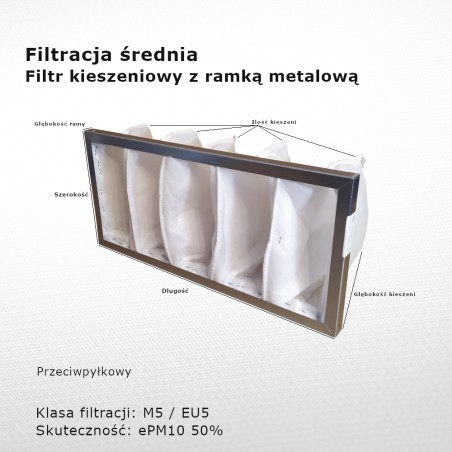 Filtr kieszeniowy M5 EU5 ePM10 50% 446 x 205 x 130 5k / 20 mm pośredni rama metalowa