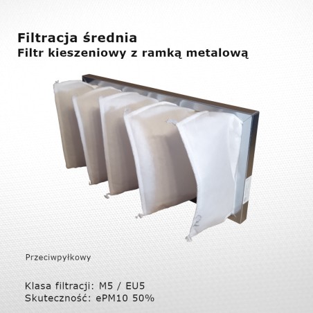 Filtr kieszeniowy M5 EU5 ePM10 50% 446 x 205 x 130 5k / 20 mm pośredni rama metalowa tył