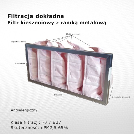 Filtr kieszeniowy F7 EU7 ePM2,5 65% 446 x 205 x 130 5k / 20 mm dokładny rama metalowa przeciwalergiczny