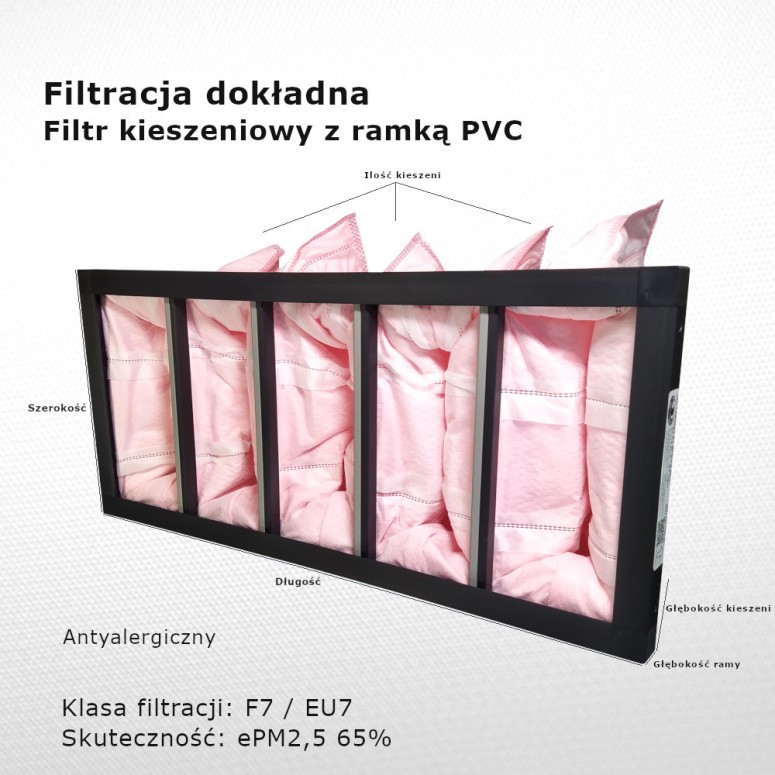 Bag filter F7 EU7 ePM2,5 65% 446 x 205 x 130 5k / 20 mm exact frame PVC antiallergic