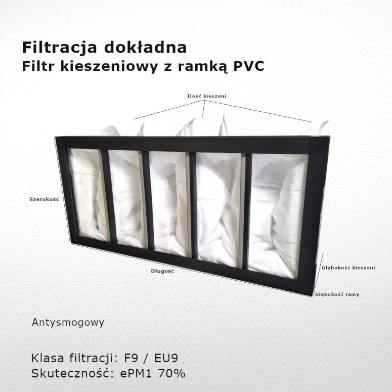Filtr kieszeniowy F9 EU9 ePM1 70% 446 x 205 x 130 5k / 20 mm dokładny rama PVC przeciwsmogowy