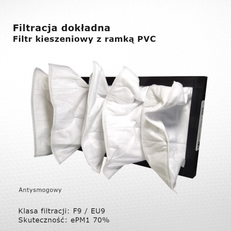 Filtr kieszeniowy F9 EU9 ePM1 70% 446 x 205 x 130 5k / 20 mm dokładny rama PVC przeciwsmogowy tył