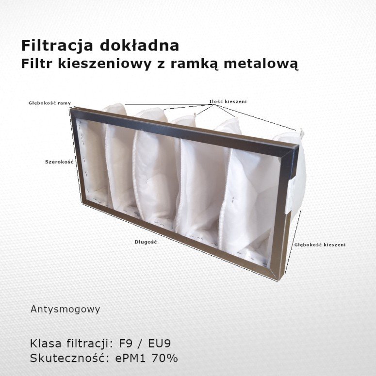 Filtr kieszeniowy F9 EU9 ePM1 70% 498 x 220 x 180 5k / 20 mm dokładny rama metalowa przeciwsmogowy