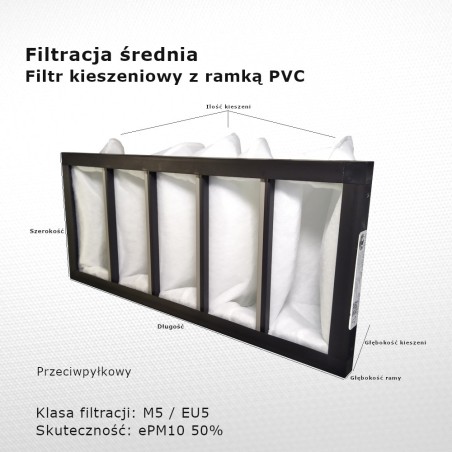 Filtr kieszeniowy M5 EU5 ePM10 50% 498 x 220 x 180 5k / 20 mm pośredni rama PVC