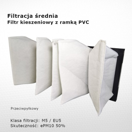Filtr kieszeniowy M5 EU5 ePM10 50% 498 x 220 x 180 5k / 20 mm pośredni rama PVC tył