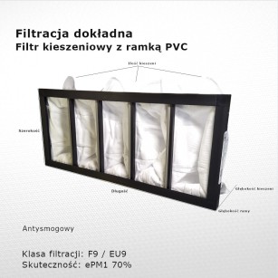 Bag filter F9 EU9 ePM1 70% 498 x 220 x 180 5k / 20 mm exact frame anti-smog PVC