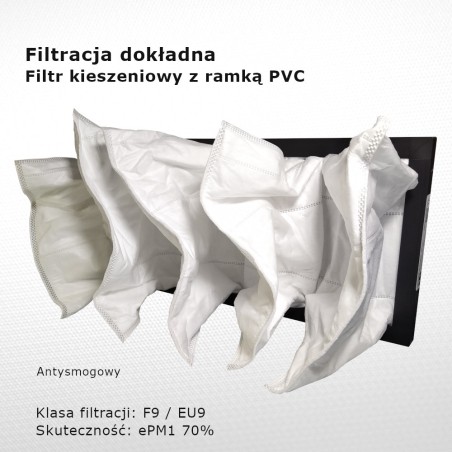 Filtr kieszeniowy F9 EU9 ePM1 70% 498 x 220 x 180 5k / 20 mm dokładny rama PVC przeciwsmogowy tył
