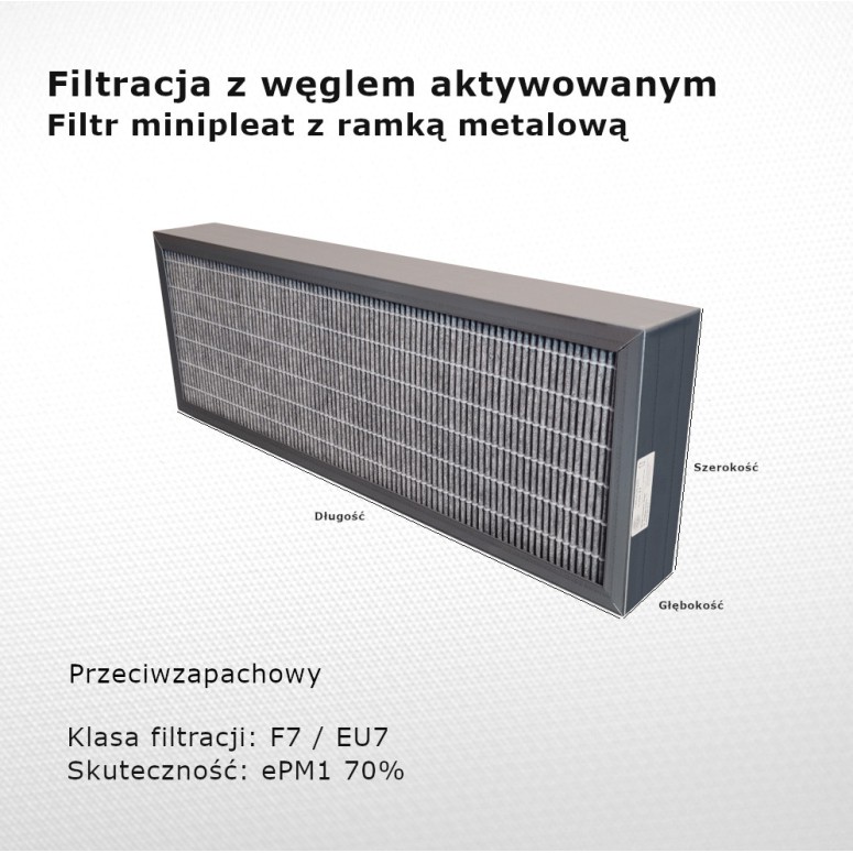 Fine filter F7 EU7 ePM1 70% 160 x 452 x 25 mm with active carbon metal frame