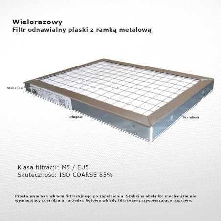 Filtr płaski wielorazowy M5 EU5 Iso Coarse 85% 180 x 200 x 25 mm ramka metalowa do samodzielnej regeneracji odnawiania