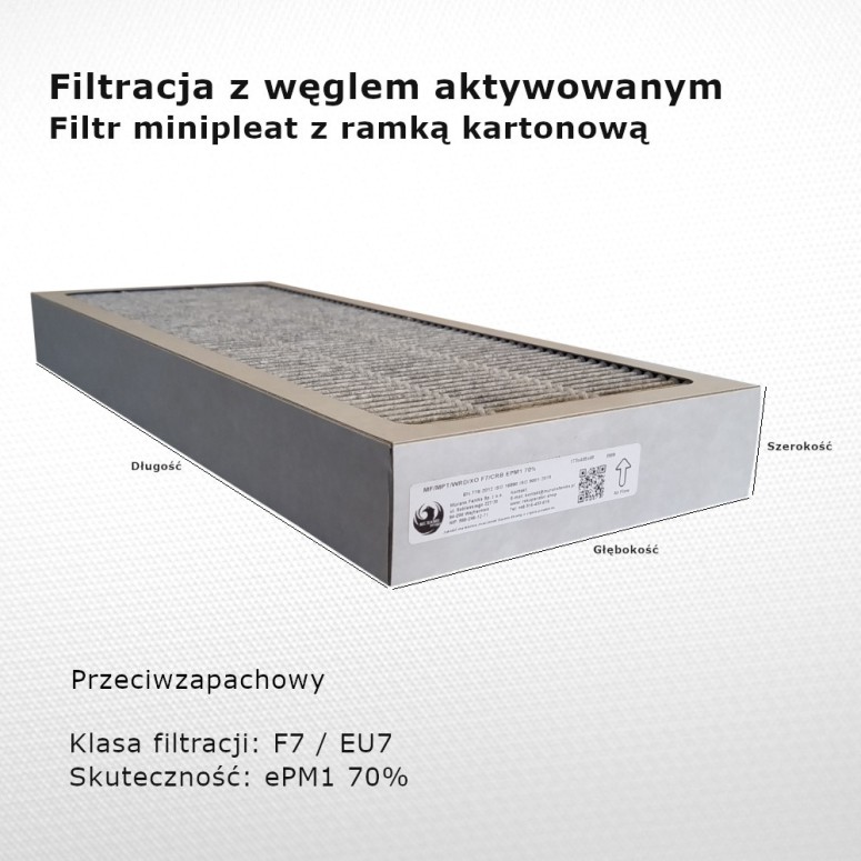 Fine filter F7 EU7 ePM1 70% 230 x 610 x 40 mm with active carbon frame cardboard