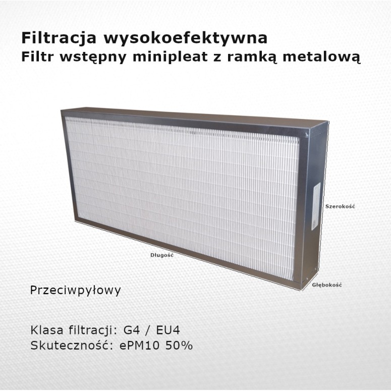 Filtr przeciwpyłowy G4 EU4 ePM10 50% 210 x 450 x 40 mm ramka metalowy
