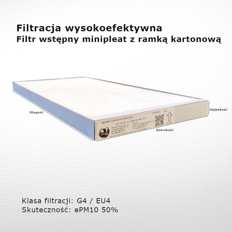 Dust filter G4 EU4 ePM10 50% 186x495x25 mm frame cardboard